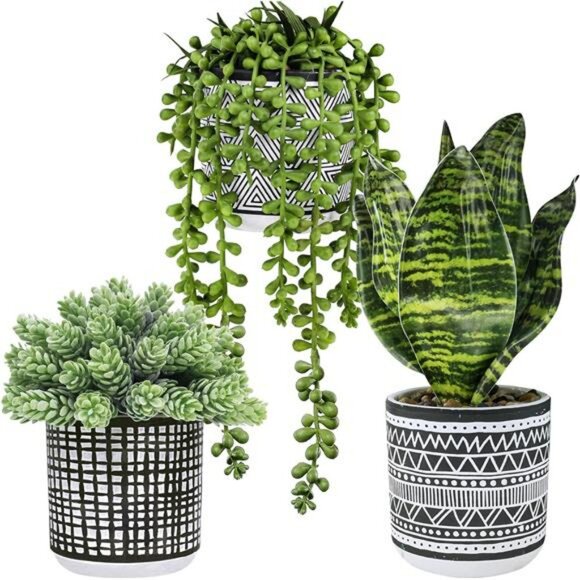 Set of 3 small artificial succulent potted plants faux greenery for home office - Picture 1 of 8